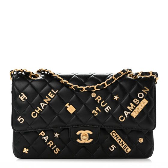 Lambskin Quilted Medium Rue Cambon Charms Double Flap Black | FASHIONPHILE (US)