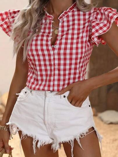Polyester Plaid Ruffle/Frill Button Leisure Picnic Style Casual Shirt Blouse, Suitable For Daily,... | SHEIN