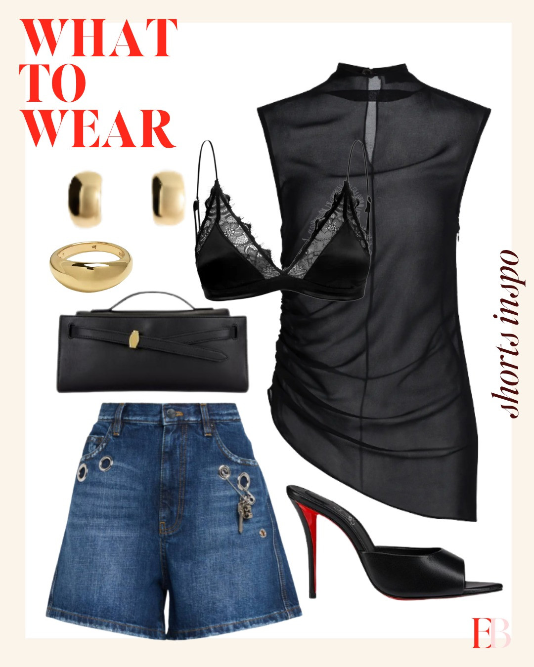 shorts season but make it elevated 🖤 sheer top over a lace bra, embellished denim shorts, and Louboutin mules — this one is for the nights out this summer. 

 