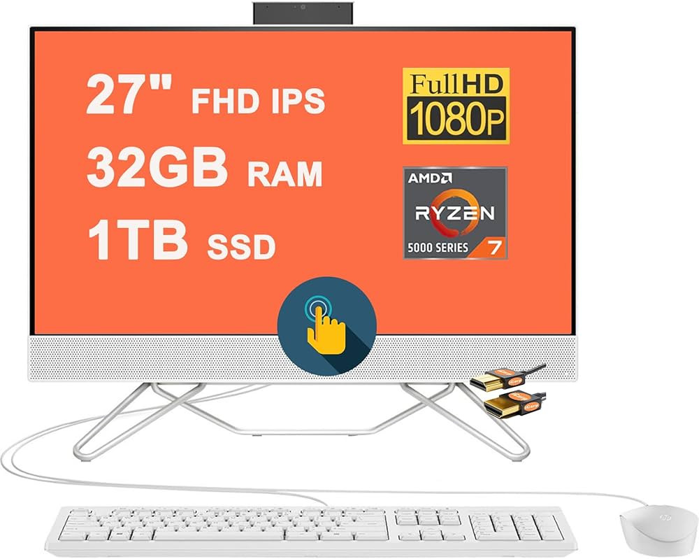 HP 27 All-in-One Desktop Computer 27" FHD IPS Glossy Touchscreen AMD Octa-core Ryzen 7 5700U Proc... | Amazon (US)