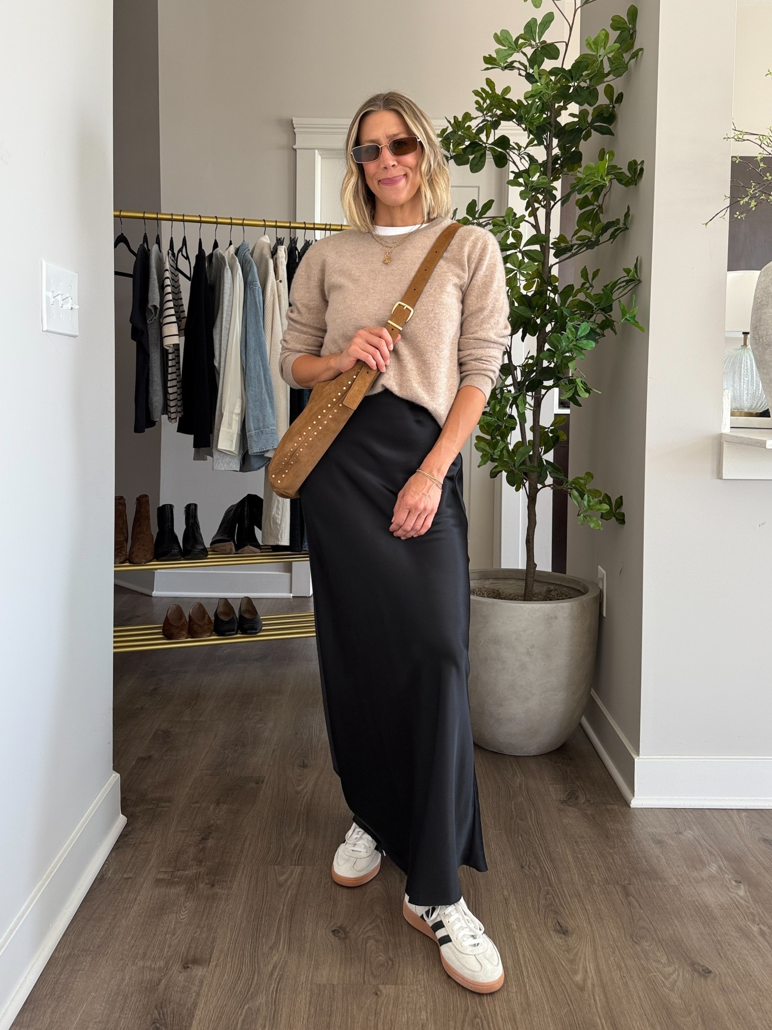 Wearing small silk skirt, small tee, medium cashmere sweater, sneakers tts 

#LTKStyleTip #LTKFindsUnder100 #LTKOver40