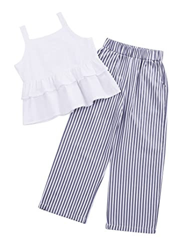 LIONJIE Girls Solid Cami & Striped Navy Long Pants Ruffle Hem Top Wide Leg Pants Sets Summer Clothes 11-12Y | Amazon (US)