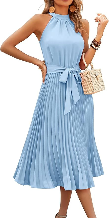 KIRUNDO Women's 2024 Summer Sleeveless Halter Neck Pleated Midi Cocktail Dresses A Line Flowy Bea... | Amazon (US)