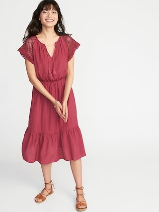Crochet-Sleeve Waist-Defined Midi Dress for Women | Old Navy US