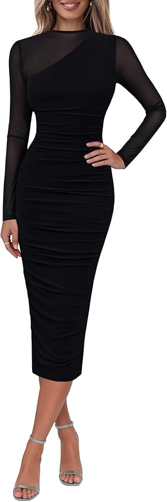 Lazysmile Long Sleeve Mesh Dresses for Women Mock Neck Ruched Bodycon Elegant Cocktail Club Party... | Amazon (US)