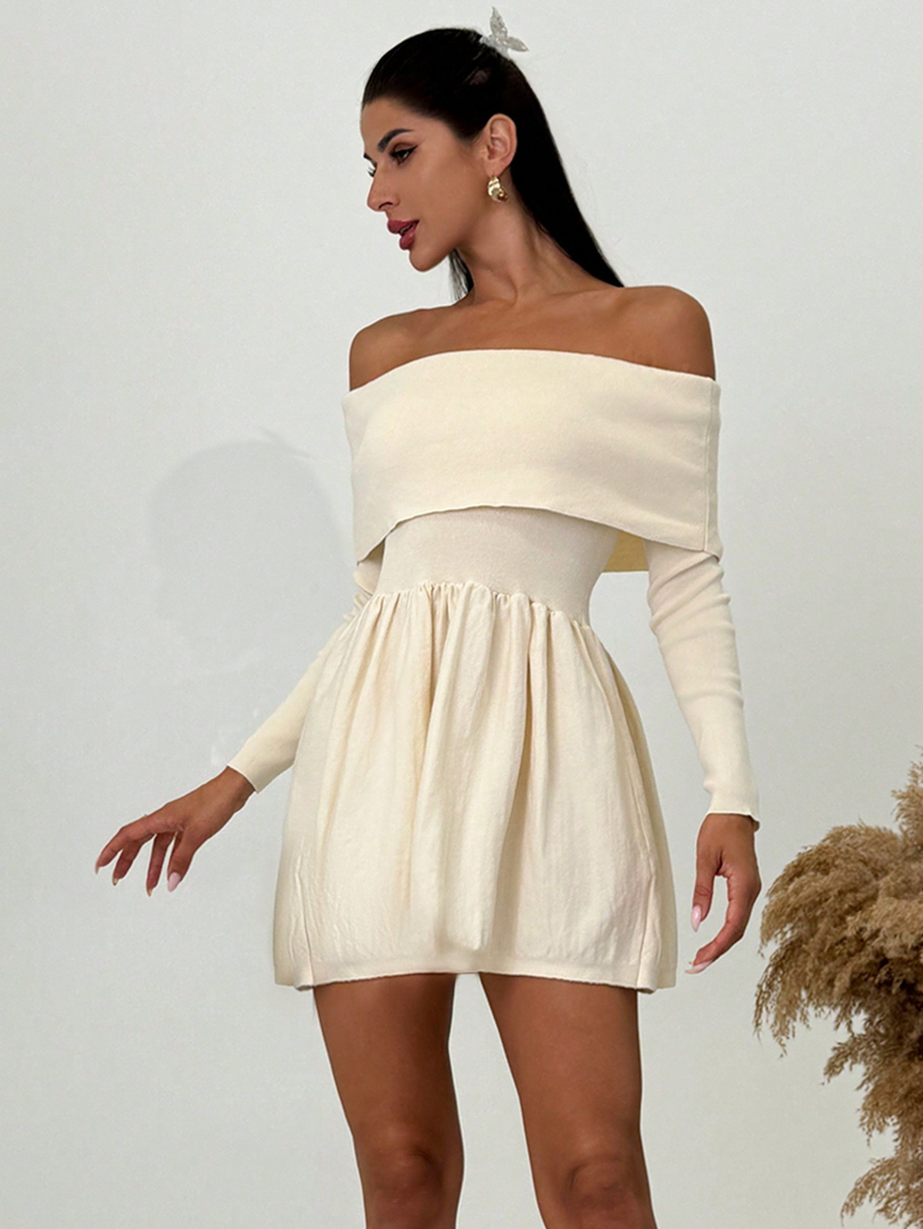 Firerie Women's Chic Elegant Off Shoulder Long Sleeve A-Line Short Knitted Sweater Dress, Autumn/... | SHEIN