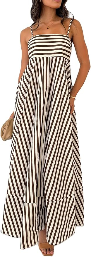 NUFIWI Women Summer Striped Maxi Dress Spaghetti Strap Cutout Ruffle Long Dress Flowy Swing Beach... | Amazon (US)