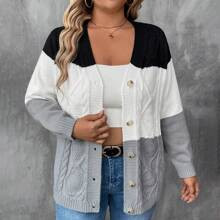 Plus Size Women's Colorblock Long Sleeve Single-Breasted Casual Cardigan, Autumn/Winter | SHEIN