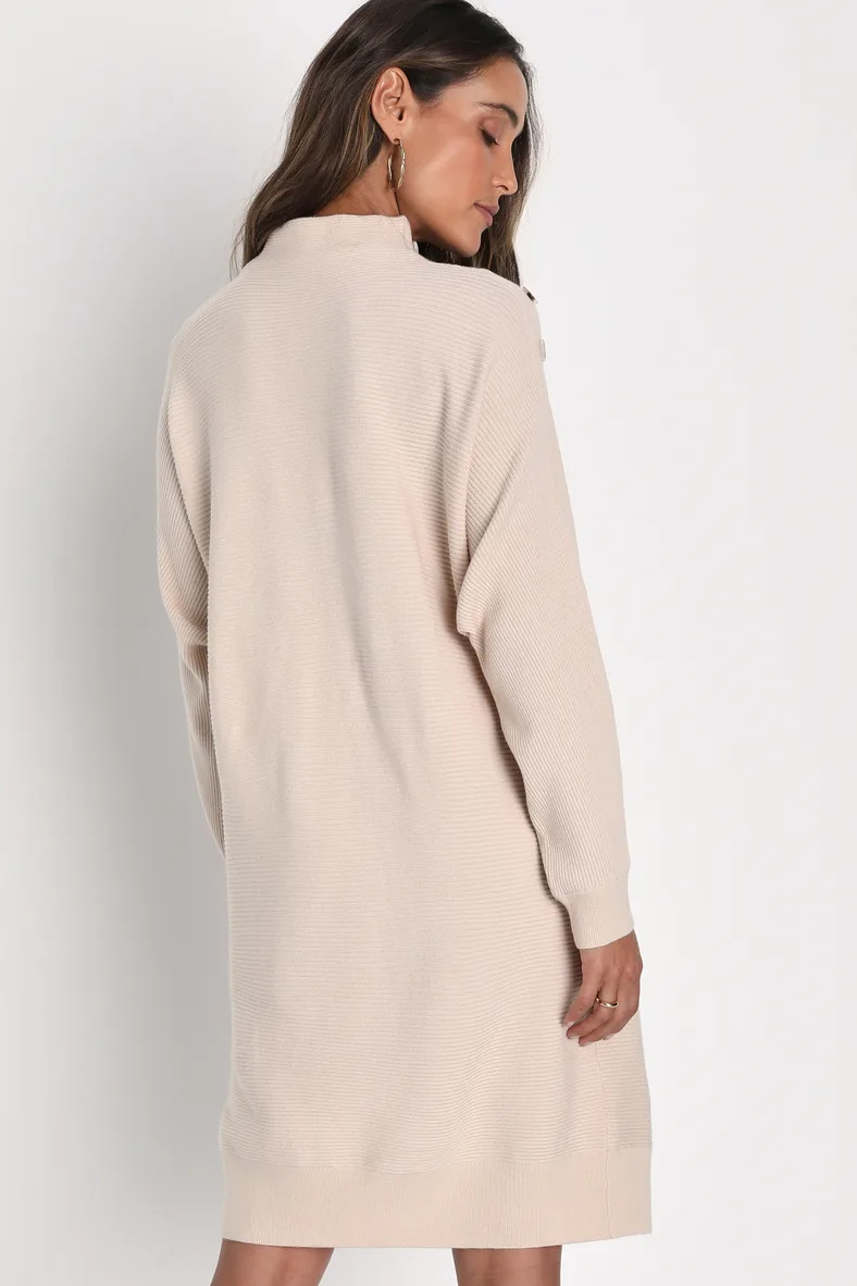 Cozy Stroll Beige Mock Neck Button Mini Sweater Dress | Lulus (US)