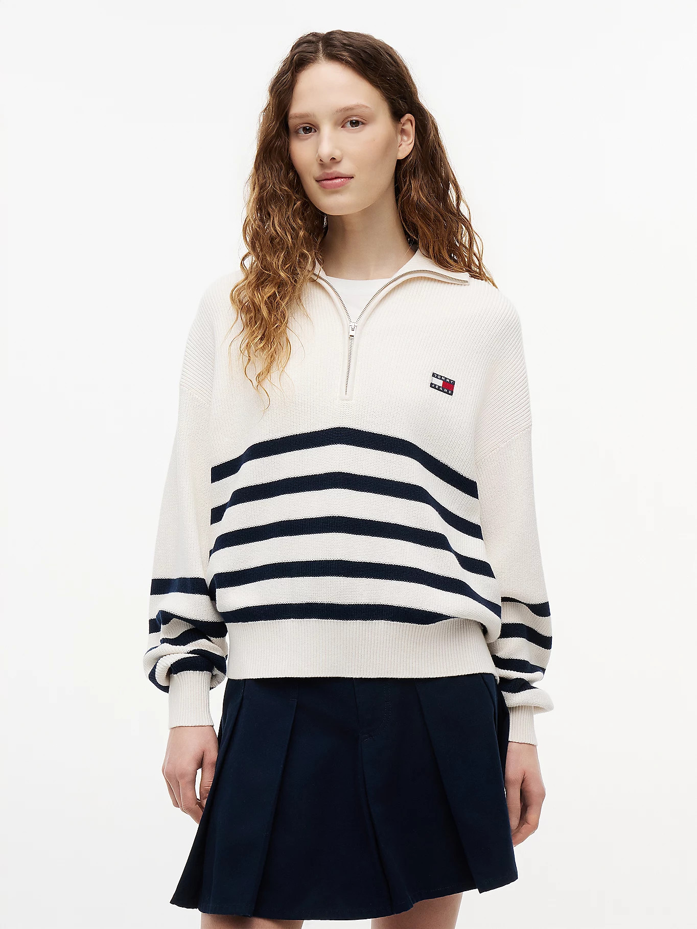Tommy Badge Stripe Quarter-Zip Jumper | Beige | Tommy Hilfiger | Tommy Hilfiger UK
