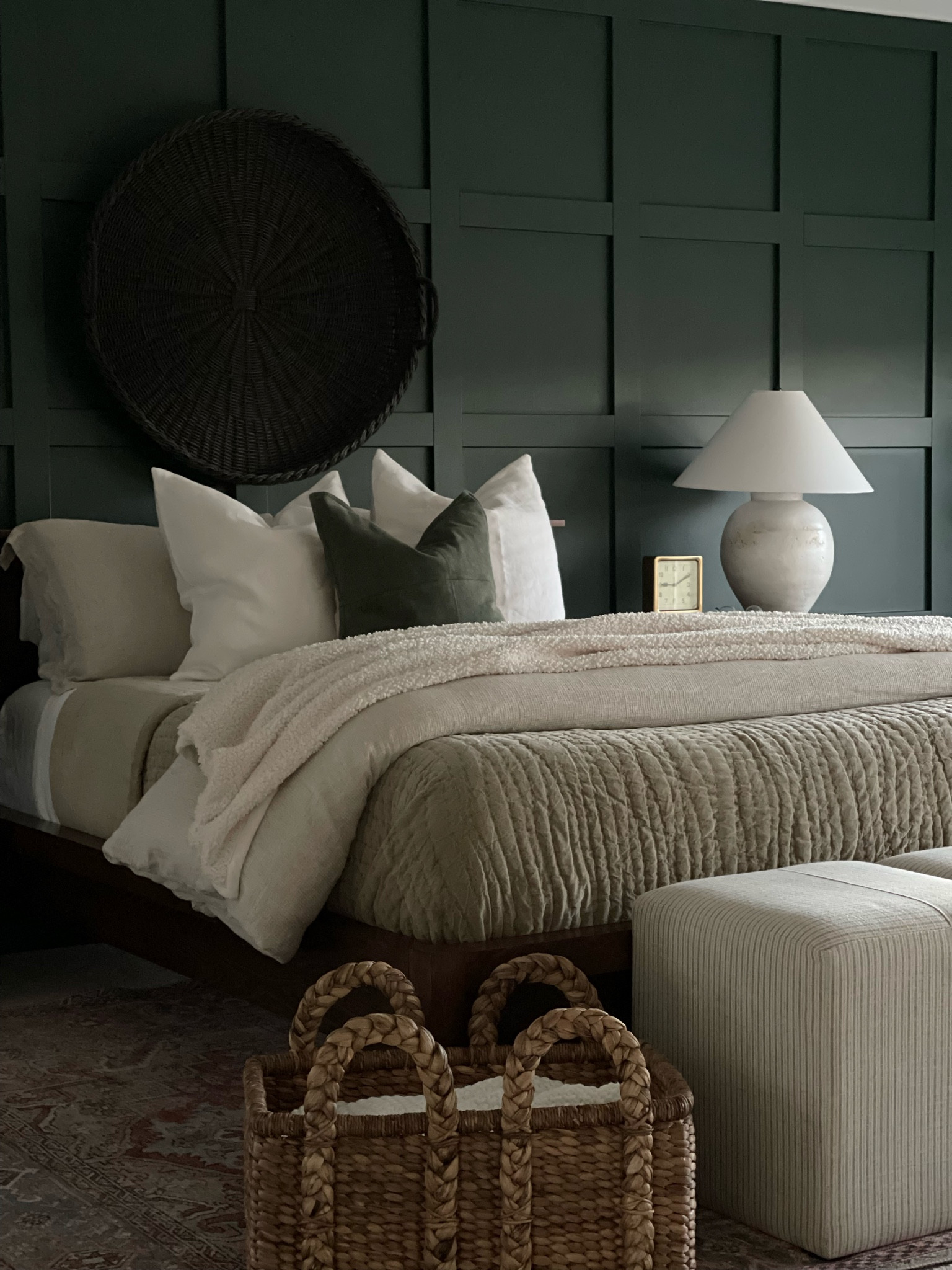 Master bedroom, primary bedroom, home decor, design, interiors, style, bedding, layers, neutral, accent wall, Pottery Barn, lamps, Room & Board

#LTKhome #LTKSeasonal #LTKsalealert