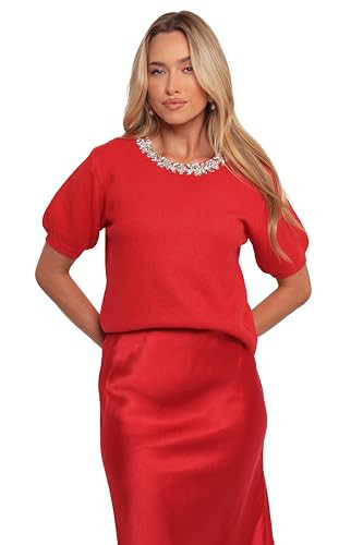 Petal & Pup Orlana Embellished Neck Short Sleeve Sweater - Red S | Amazon (US)