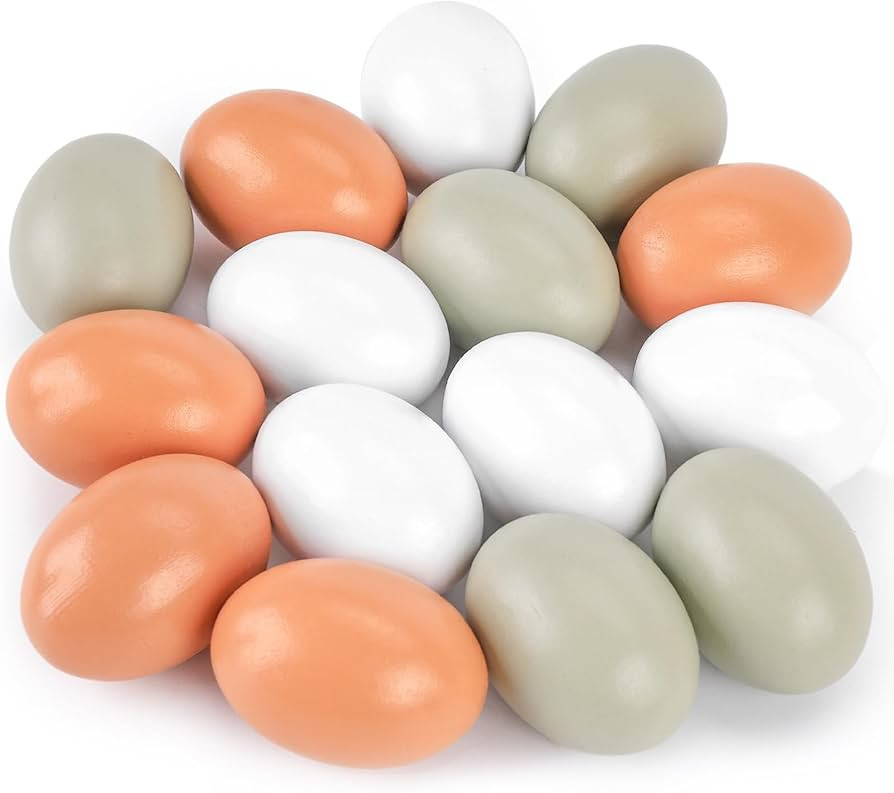 POPLAY 15PCS Wooden Fake Eggs, 3 Colors Wooden Chicken Eggs Faux Eggs for DIY Crafts Easter Egg P... | Amazon (US)