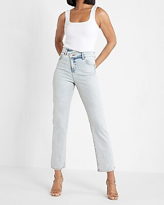 Super High Waisted Light Wash Crossover Waistband Modern Straight Jeans | Express