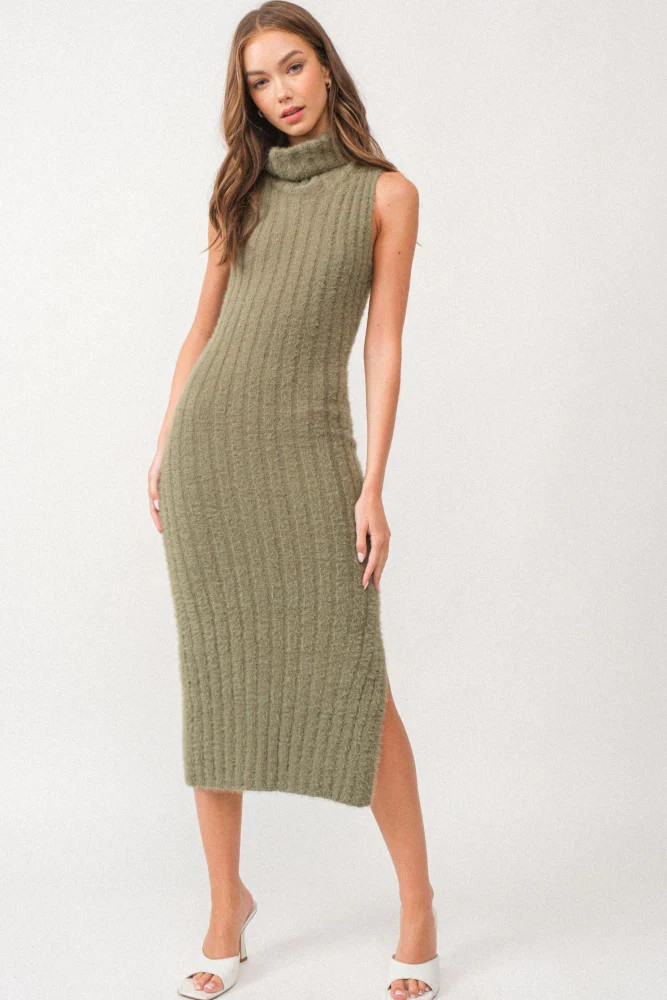 Olive Fuzzy Knit Sleeveless Turtle Neck Midi Dress | PinkBlush Maternity