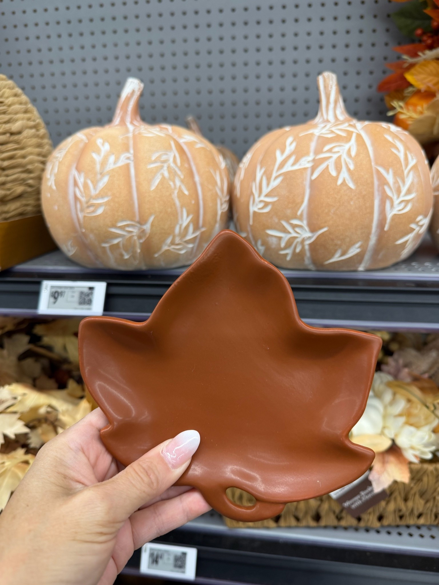This ceramic leaf tray is only three dollars and is so adorable. The etched pumpkins are such cuties as well! ￼

#LTKHome #LTKSeasonal
