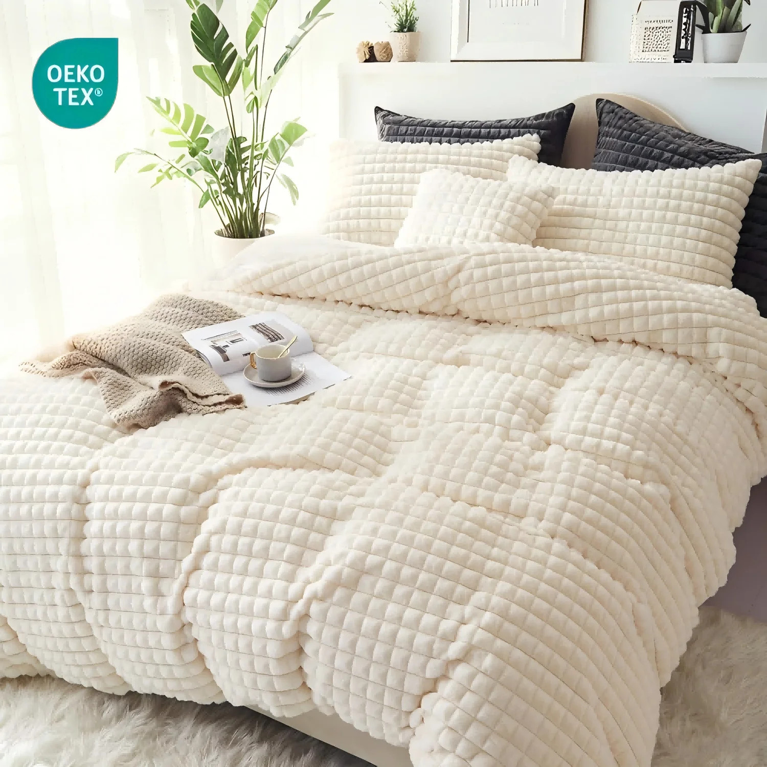 JOLUSERE Checkered Geometric Fluffy White Duvet Cover Queen Set,3-Piece Super Soft Faux Rabbit Fu... | Walmart (US)