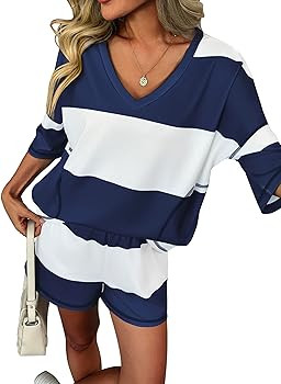 Ekouaer Two Piece Sets for Women Summer Lounge Sets 2026 Striped Shirts and Shorts Set Oversized ... | Amazon (US)