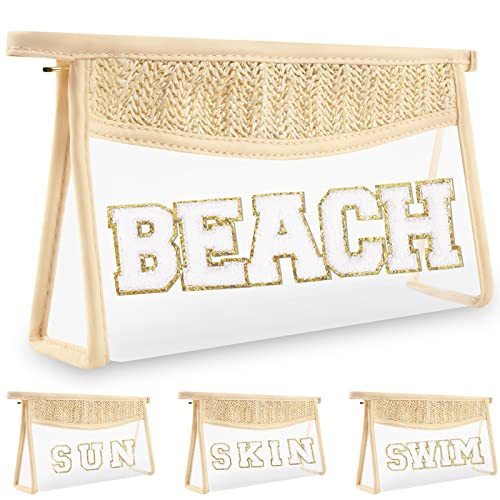 Clear Makeup Letter Patch Makeup Bag BEACH Pouch, Boho Clear Toiletry Bags Travel Small Cute Stadium Chenille Letter Cosmetic Zipper Pouch Purse, Transparent Waterproof Makeup Storage for Women(BEACH) | Amazon (US)
