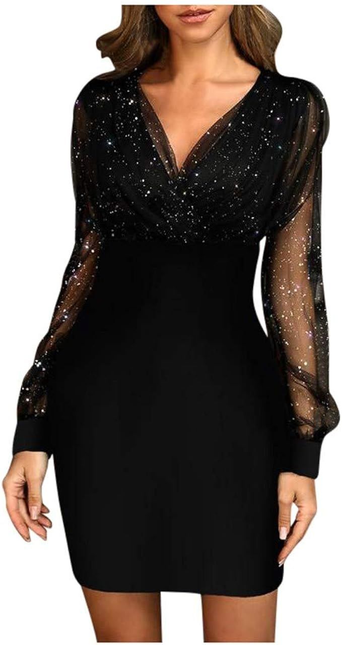 Sexy Sequins Dresses for Women, V Neck Long Sleeve Layered Elegant Retro Dress Lightweight Comfy ... | Amazon (US)