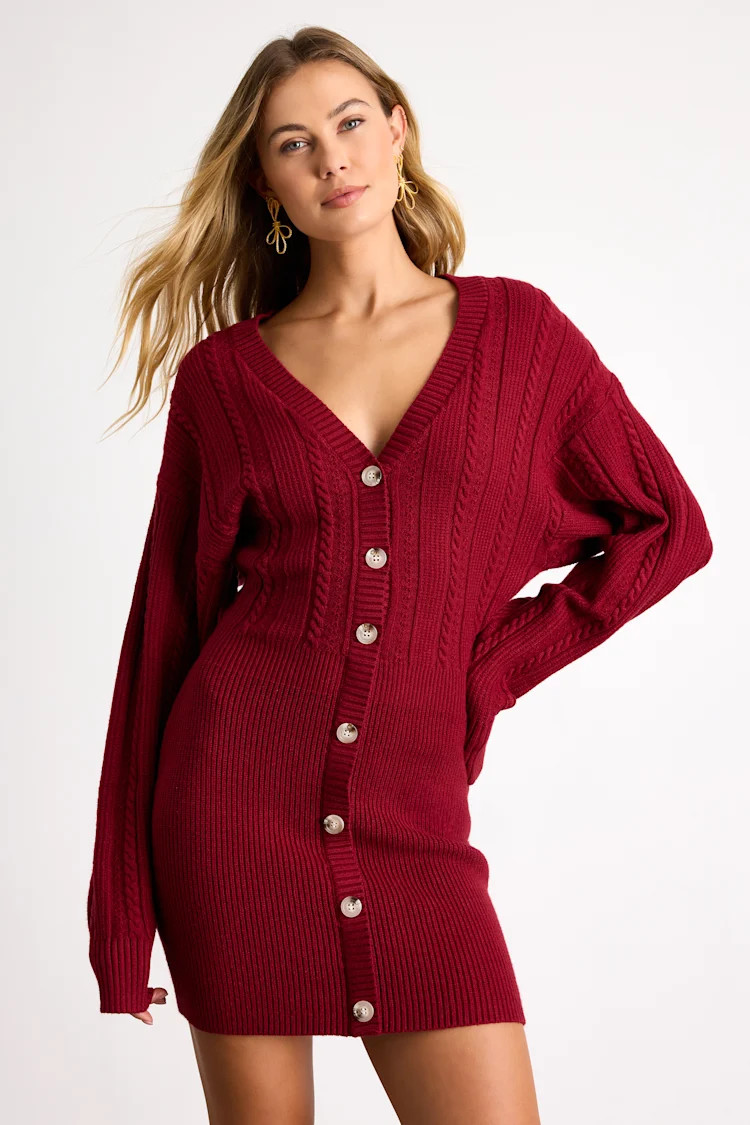 Bowyn Dark Red Cable Knit Button-Front Sweater Mini Dress | Lulus