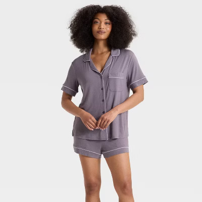 Women's Cloud Knit Short Sleeve Notch Collar Shirt and Shorts Pajama Set - Auden™ | Target