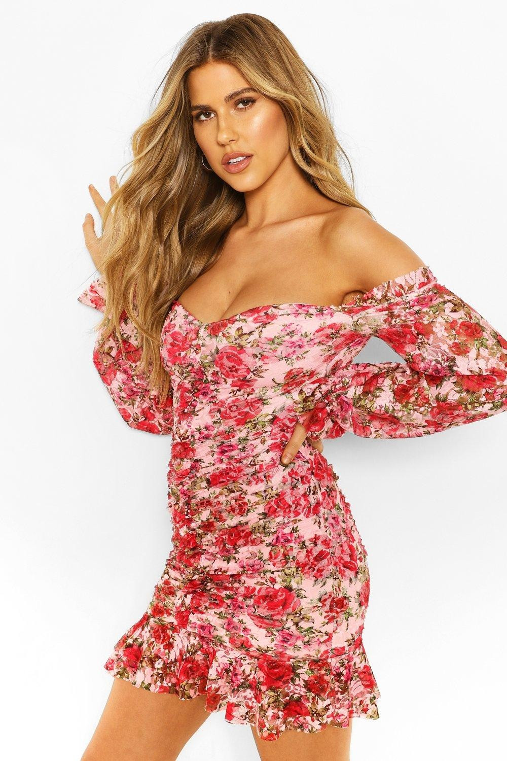 Womens Mesh Floral Off The Shoulder Ruched Mini Dress - Pink - 10 | Boohoo.com (US & CA)