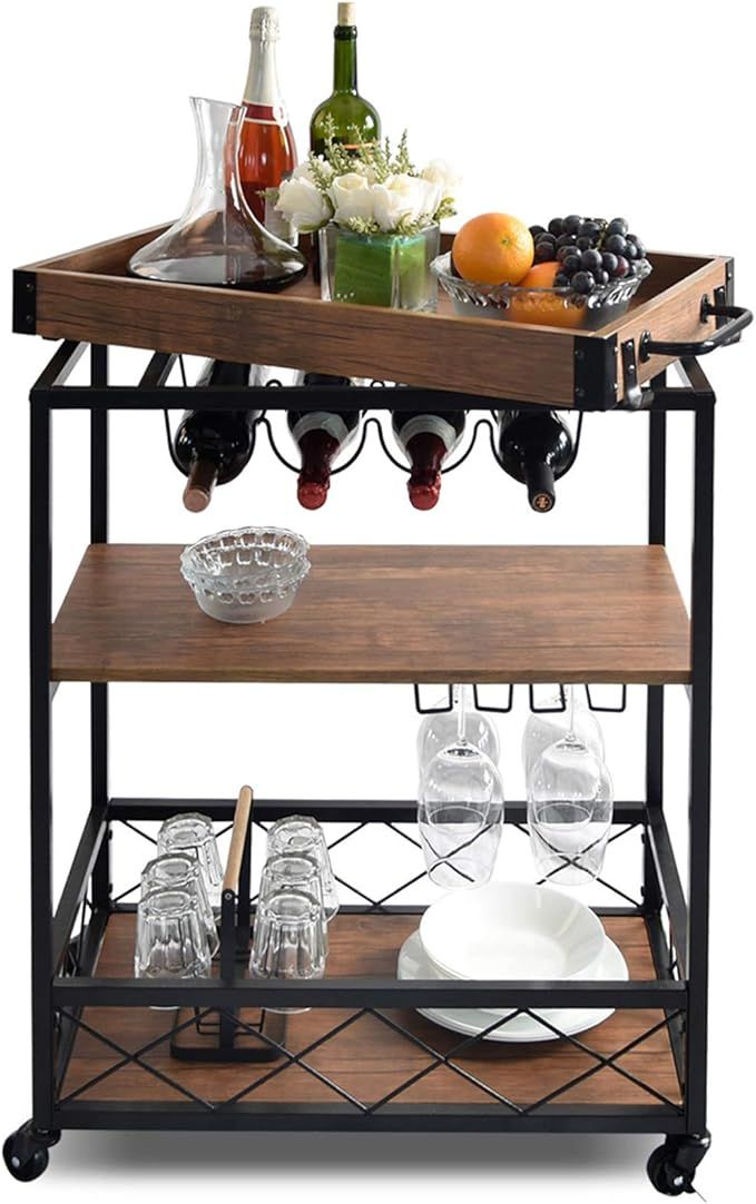 NSdirect Kitchen Cart,Kitchen Bar&Serving Cart Rolling Utility Storage Cart with 3-Tier Shelves,M... | Amazon (US)