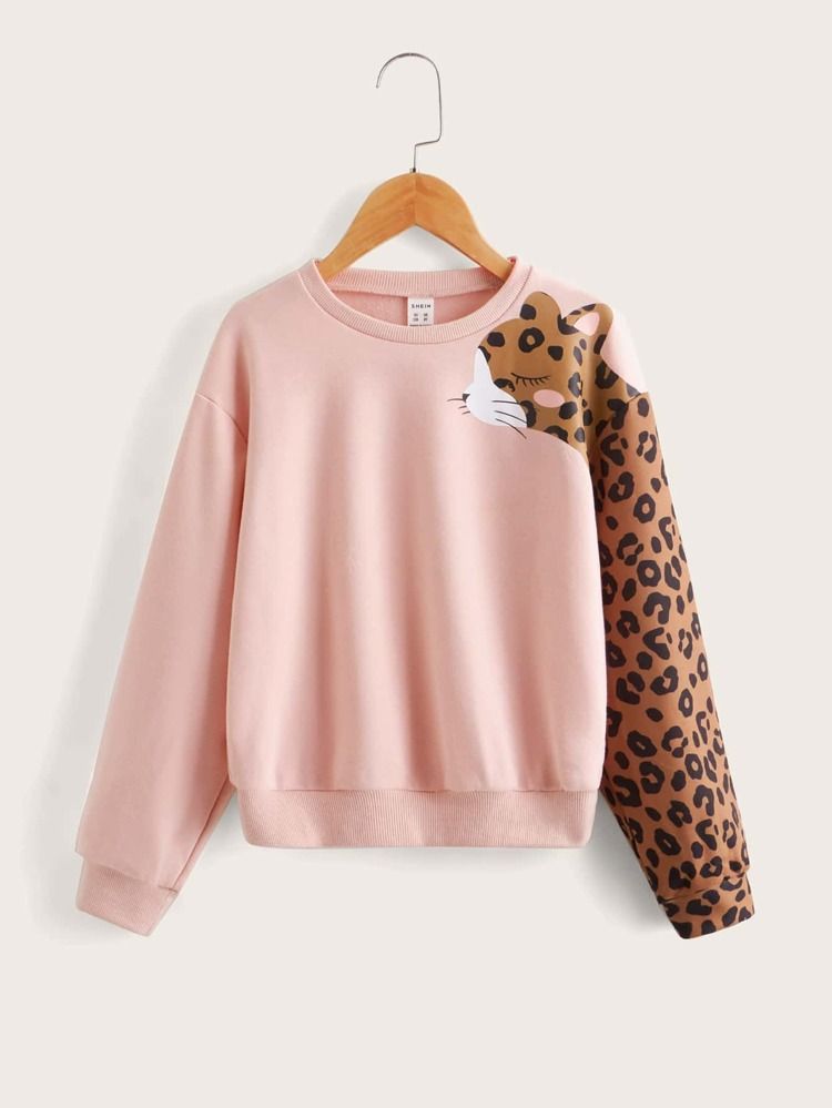 SHEIN Girls Leopard Print Drop Shoulder Pullover | SHEIN