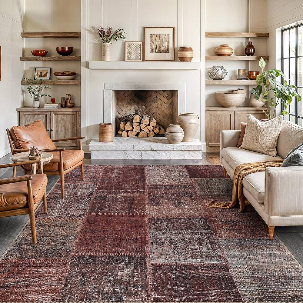 Bloom Rugs Washable Non-Slip 8' x 10' Rug - Red/Brown Traditional Patchwork Area Rug for Living R... | Amazon (US)