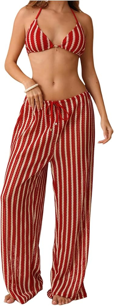 SHENHE Women's 3 Piece Swimsuits Crochet Striped Bikinis Triangle Halter Bathing Suit with Pants | Amazon (US)