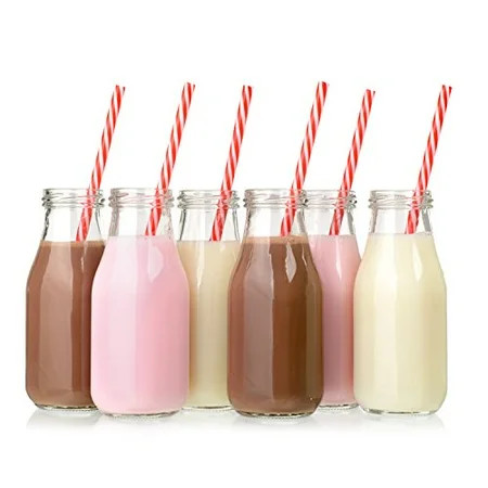 Set of 12 - 11 Ounce Glass Milk Bottles with Retro Straws and Metal Twist Lids, Reusable Vintage ... | Walmart (US)