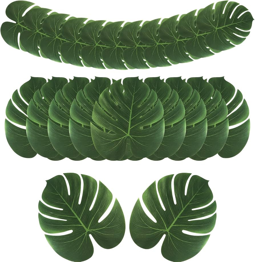 AerWo 48 Pcs Palm Leaves, Artificial Tropical Monstera Fake Leaves, Fake Palm Leaf for Safari Jun... | Amazon (US)