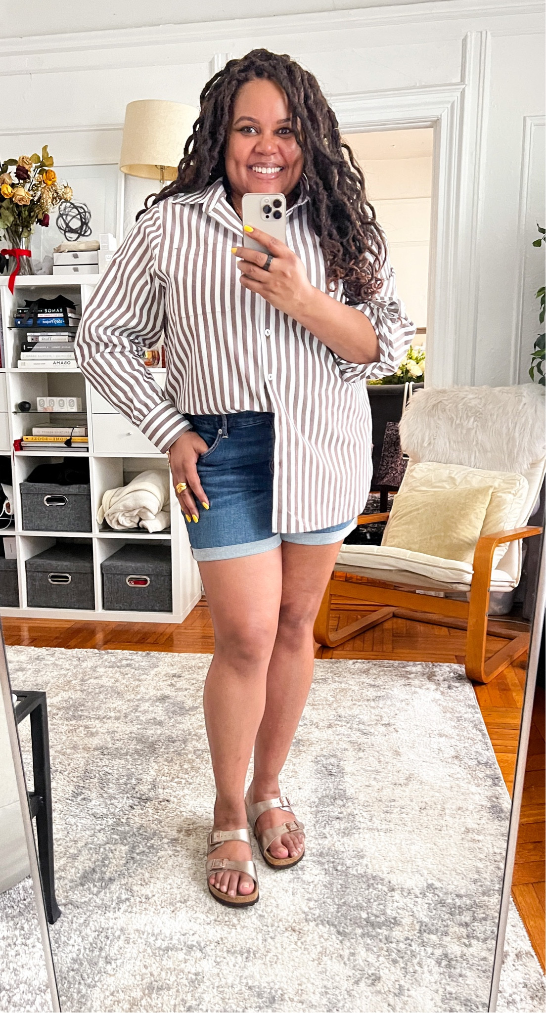OOTD Midsize Summer Style. Denim shorts, striped button down shirt, Birkenstocks sandals #FoundItOnAmazon #AmazonFashion #ltkunder100 #ltkunder50 #ltkseasonal 

#LTKstyletip #LTKcurves #LTKxPrimeDay
