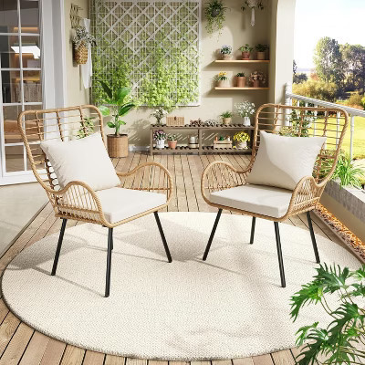 Jojoka Patio Dining Chairs Set of 2, Outdoor Wicker Armchairs with Cushions, All-Weather Boho Bistro Chairs for Porch, Apartment, Lawn, or Backyard | Target
