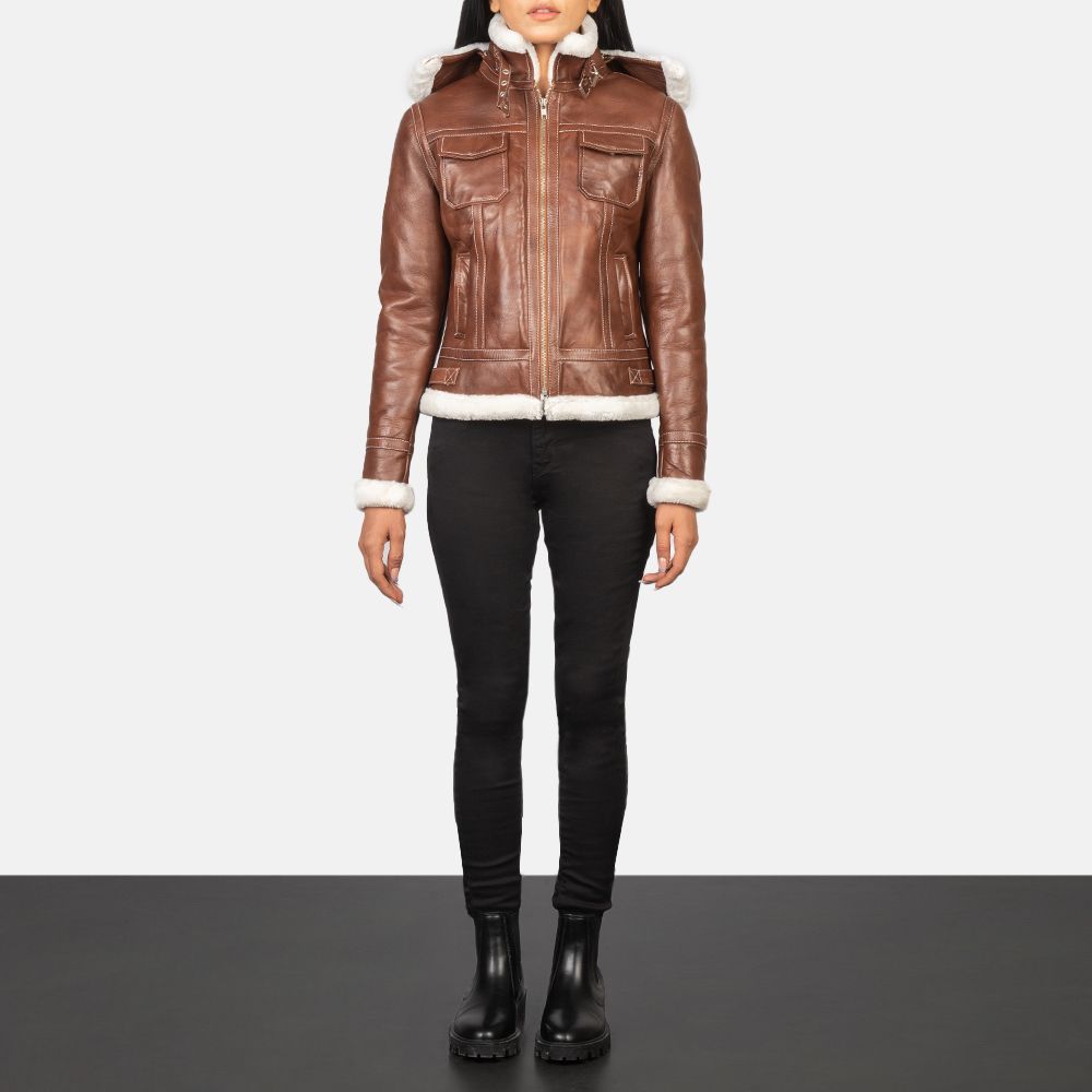 Fiona Brown Hooded Shearling Leather Jacket | The Jacket Maker