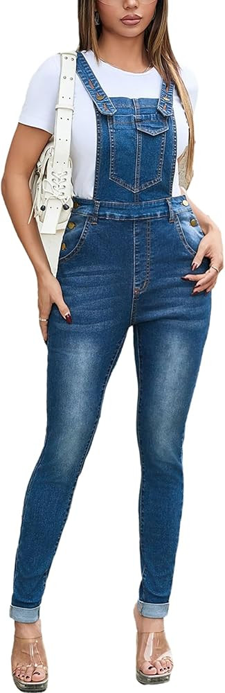 Women's Casual Stretch Denim Bib Overall Adjustable Straps Cuffed Hem Skinny Leg Denim Jumpsuits | Amazon (US)