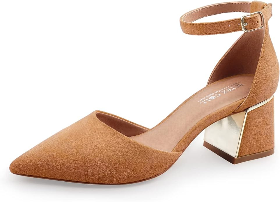 BCTEX COLL Womens Pointed Toe Pumps Shoes Ankle Strap Chunky Low Heels Metal Lined Sandals Design... | Amazon (US)