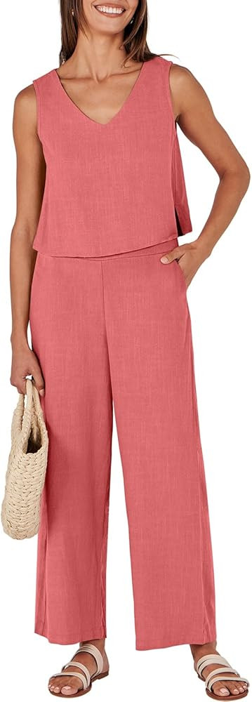 ANRABESS Women's 2 Piece Outfits Summer Sleeveless Tank Crop Button Back Top Wide Leg Pants Linen... | Amazon (US)