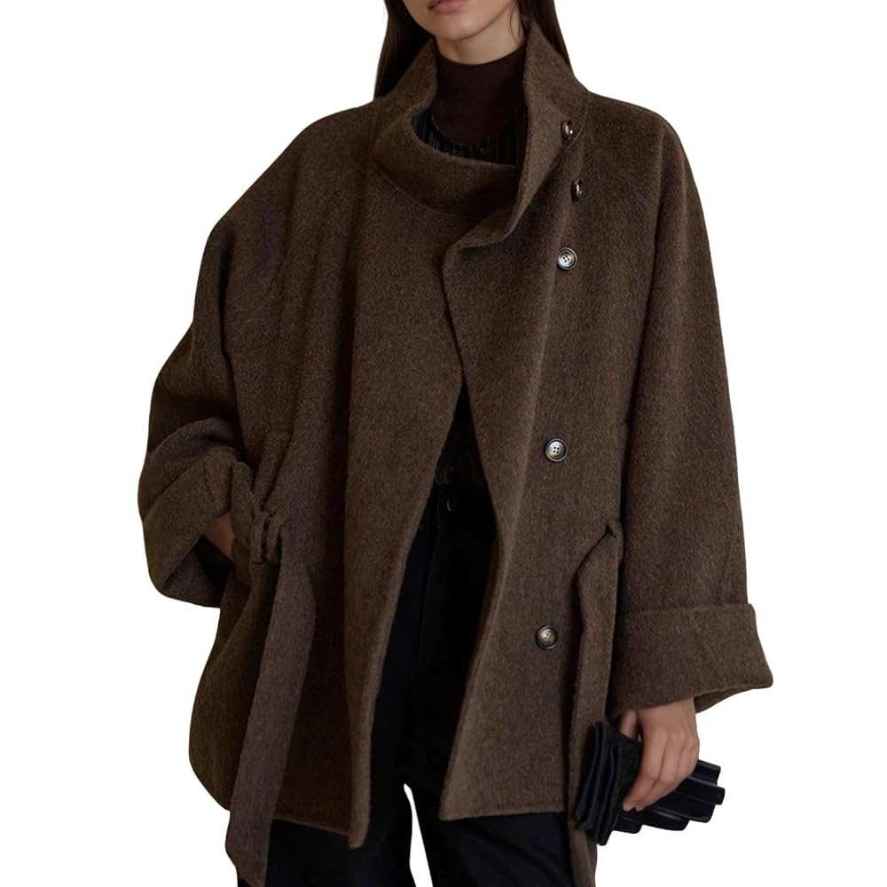 CHARTOU Women Wool Blend Pea Coat Jacket Winter Casual Loose Band Collar Long Sleeve Outwear with... | Amazon (US)