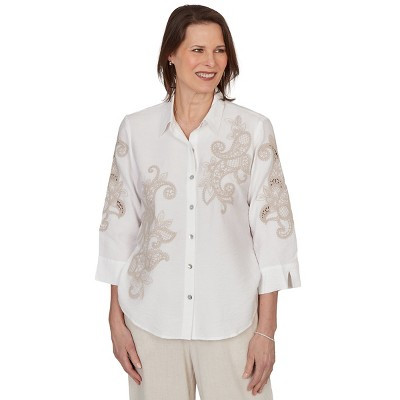 Alfred Dunner Womens Scroll Soutache Button Front Top, White, Size S | Target