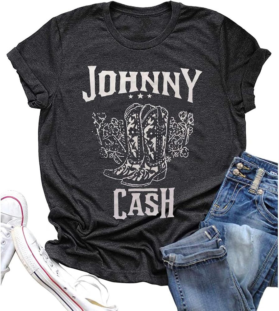Cash T-Shirt Women Long Boots Graphic Short Sleeve Tees Loose Top Country Music Party Shirt Blouse T | Amazon (US)