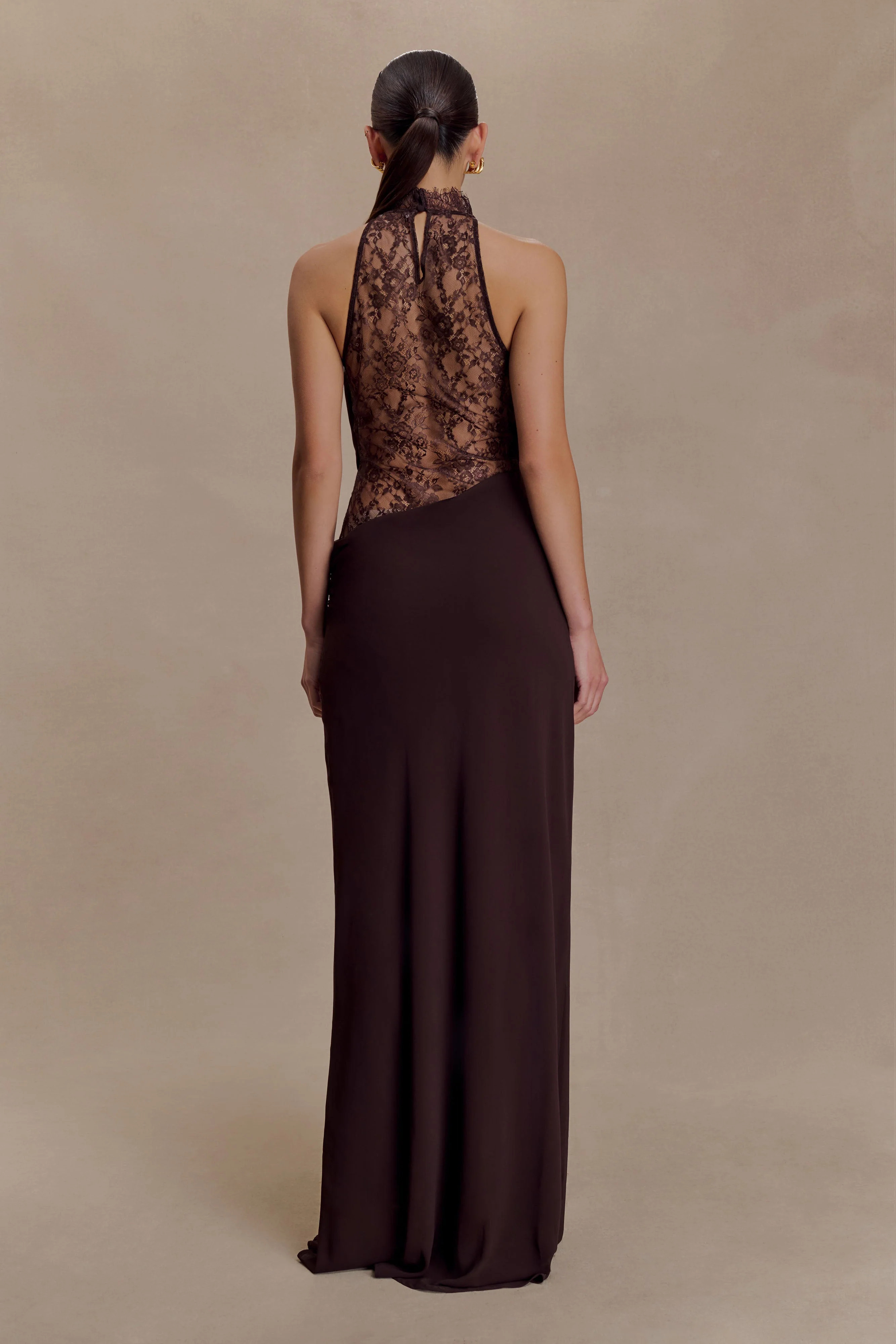 Arra Chiffon And Lace Halter Maxi Dress - Cacao Brown | Meshki UK