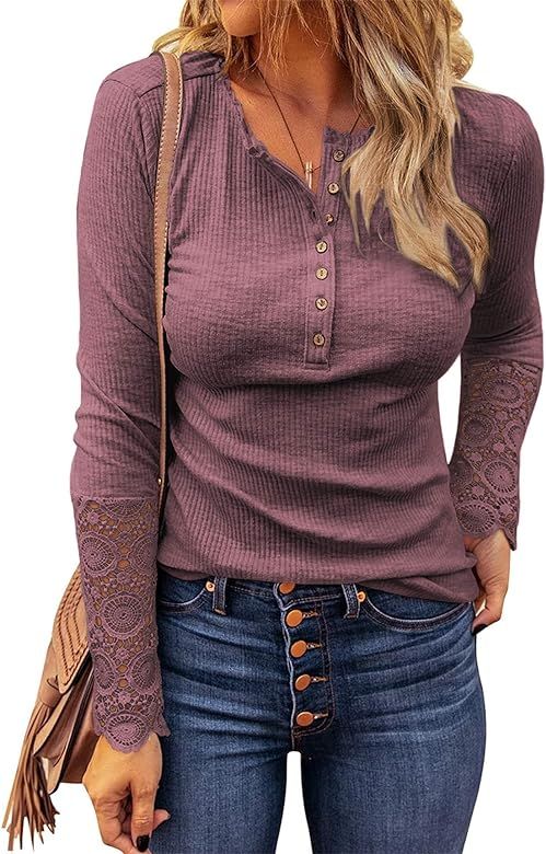 VICHYIE Womens Henley Long Sleeves Tunic Lace Tops V Neck Button Neck Casual Slim Fit Blouses Wra... | Amazon (US)