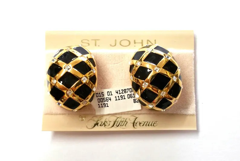Vintage St. John Earrings Black and Gold Tone With Crystals Clips NEW - Etsy | Etsy (US)