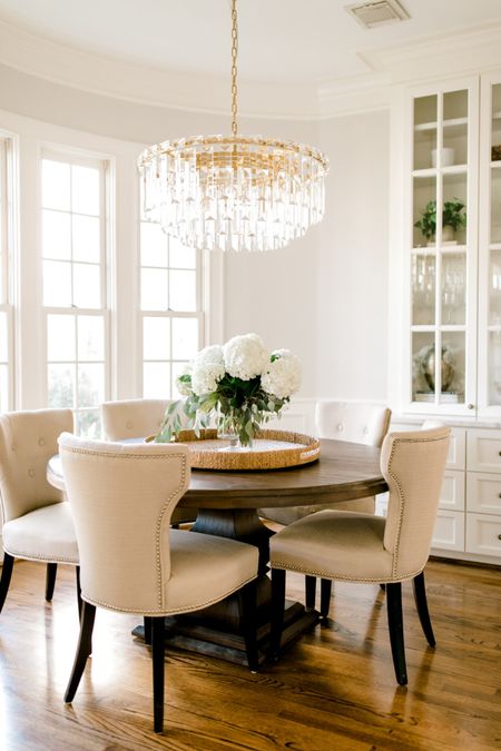 Kitchen dining nook crystal gold round chandelier 60” round dining table on sale 

#LTKstyletip #LTKsalealert #LTKhome