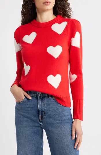 Caslon® Intarsia Heart Sweater in Red Goji- Pink Fresco Heart at Nordstrom Rack, Size X-Small | Nordstrom Rack