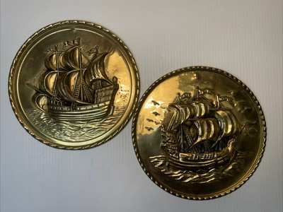 2 Vintage Embossed Brass Wall Plates Plaques Sailing Ships 8.25" Made in England | eBay | eBay US