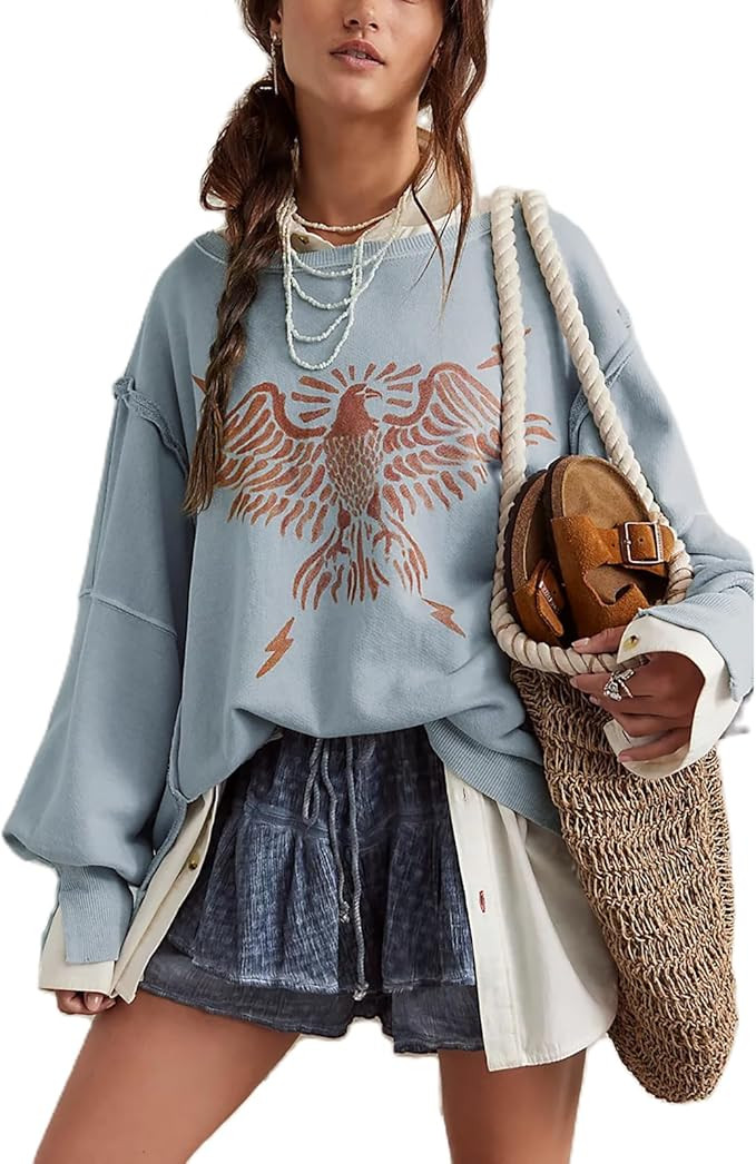 KOSUSANILL Womens Oversized Crewneck Sweatshirt Y2k Long Sleeve Pullovers Striped Retro Aesthetic... | Amazon (US)