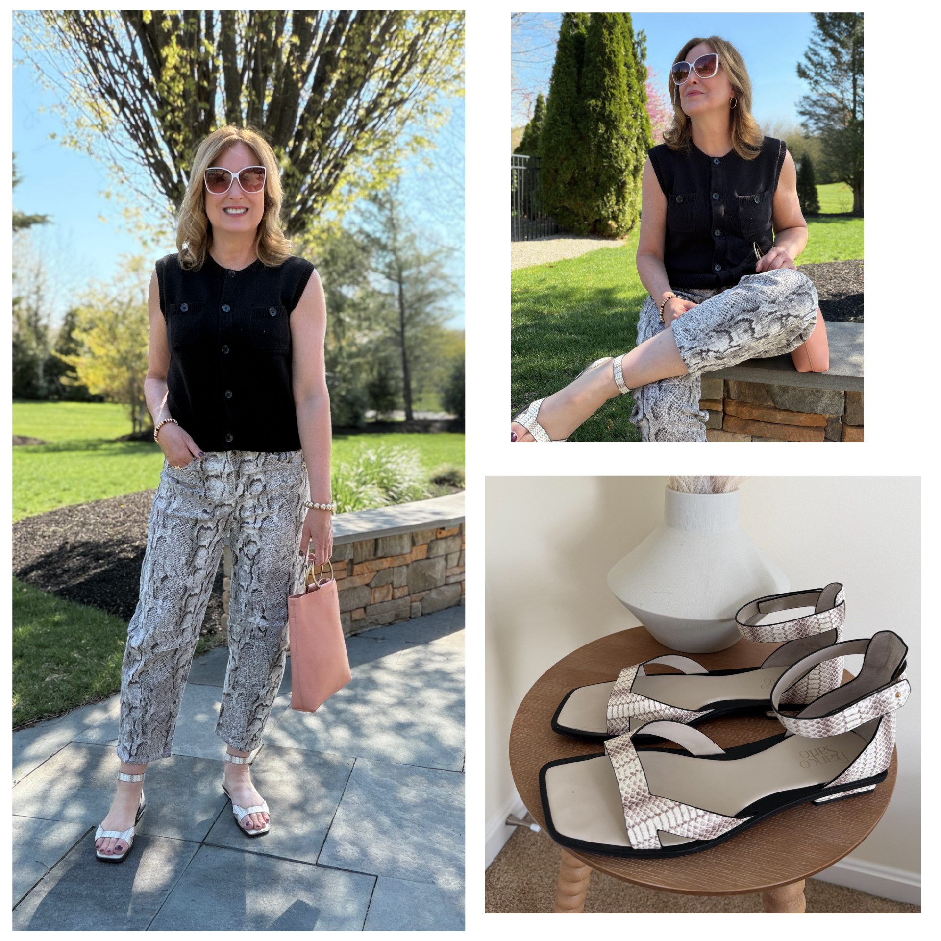 Snakeskin barrel pants & sandals. 

 #LTKdayinmylife #LTKootd #LTKOver40